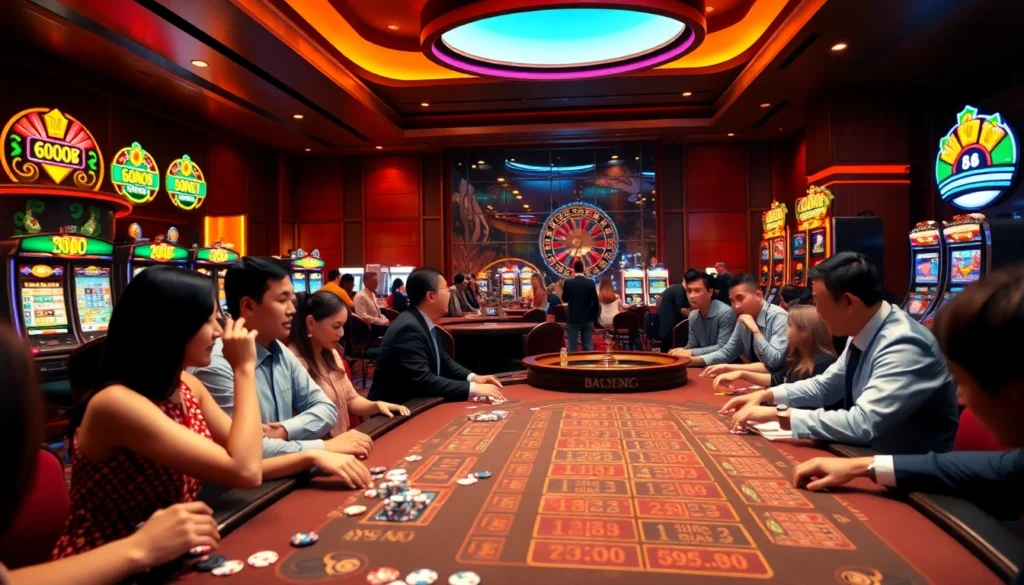 Capture the thrill of players at a lively casino table utilizing "new 88" to place bets, surrounded by colorful slot machines and a spinning roulette wheel.