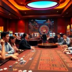 Capture the thrill of players at a lively casino table utilizing "new 88" to place bets, surrounded by colorful slot machines and a spinning roulette wheel.