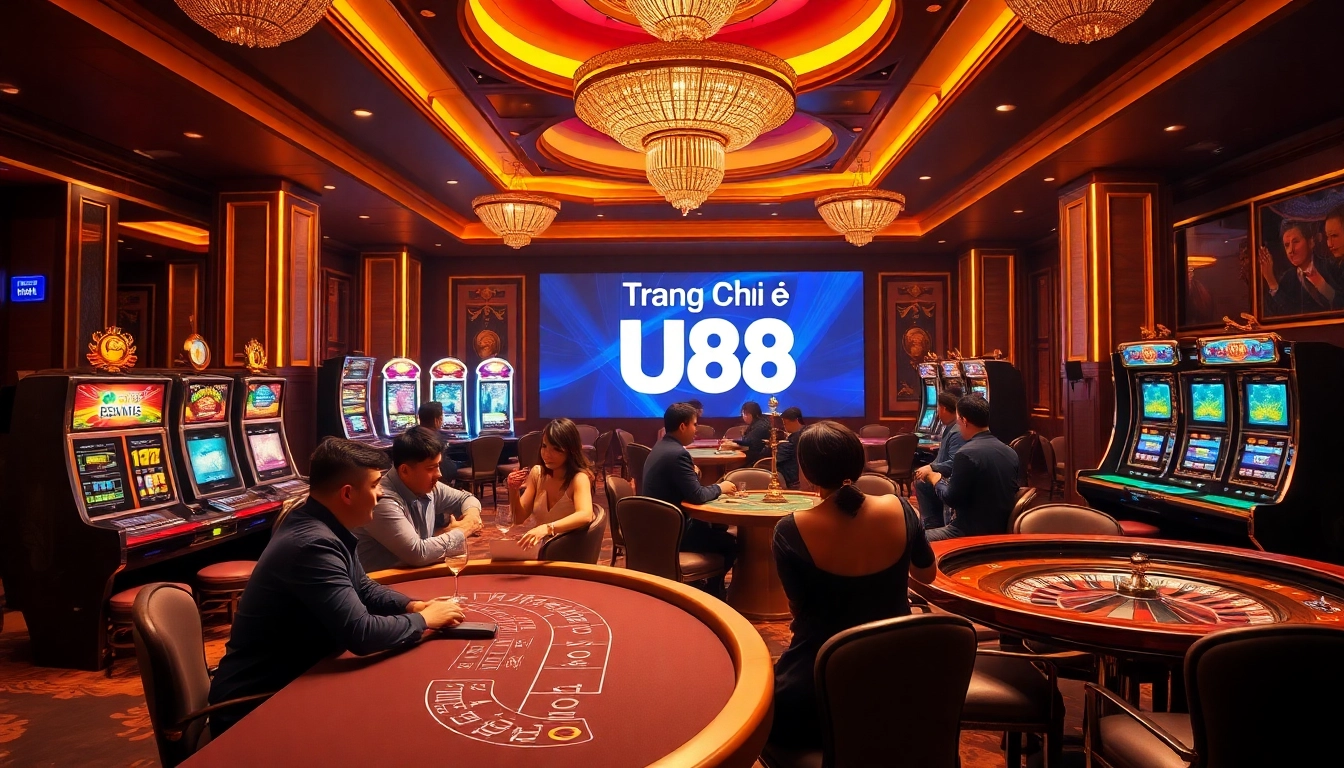Experience the excitement of Trang Chủ UU88 with players at a poker table in a vibrant casino setting.