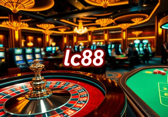 Experience the vibrant casino action with lc88, showcasing lively gameplay at roulette and slot machines.