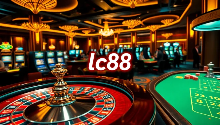 Experience the vibrant casino action with lc88, showcasing lively gameplay at roulette and slot machines.