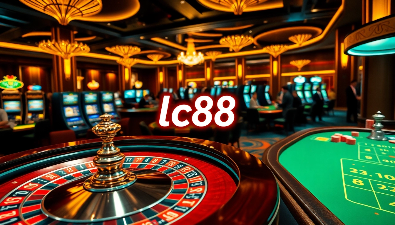 Experience the vibrant casino action with lc88, showcasing lively gameplay at roulette and slot machines.