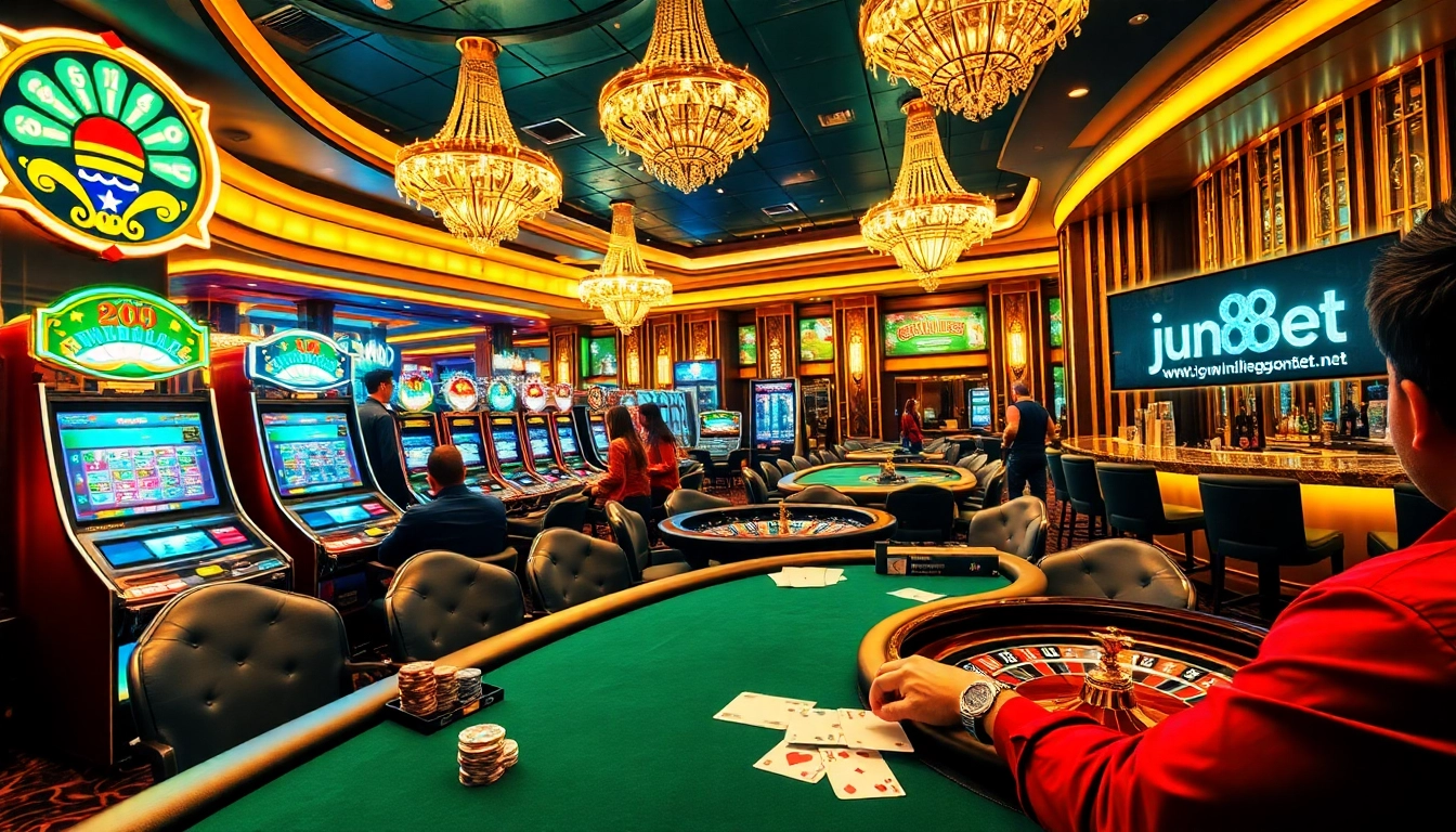 Experience the thrill of gaming tables at an upscale casino during a vibrant night at https://jun88bet.net/.